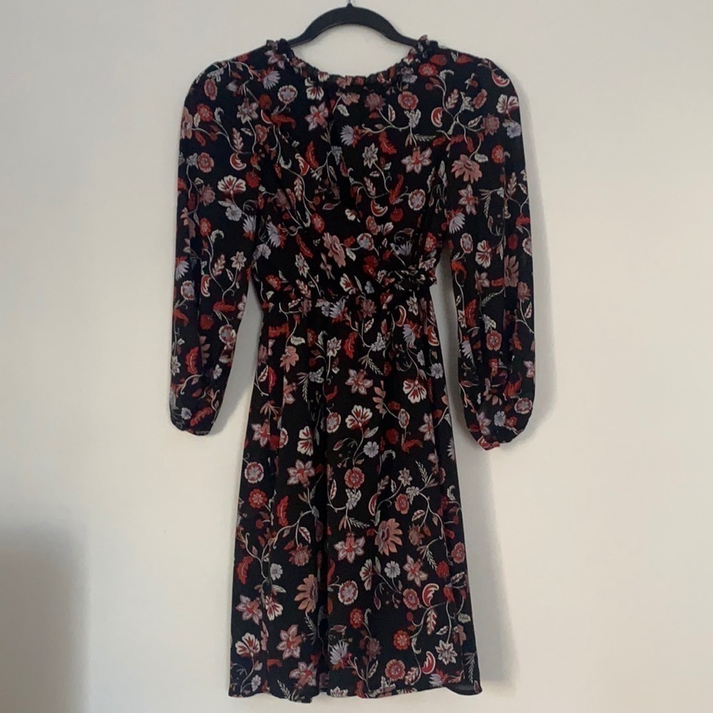 Banana Republic Print Tie-Waist Mini Dress Black Paisley size 00 long sleeve